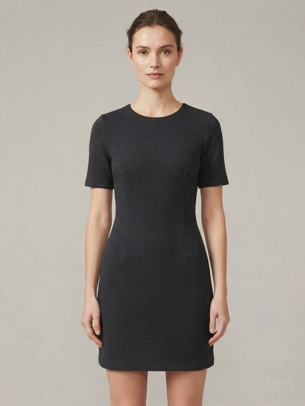 Tailored Short-Sleeve Thick Ribbed Dress in Black Office Casual Day To Night